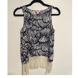 Lilly Pulitzer Navy White Fringe Hem Sleeveless Tank Top Blouse 0 Preppy Coastal